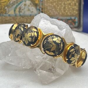 Damascene Birds Flowers Gold and Black Bracelet